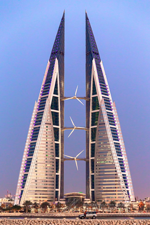 A Building In Bahrain With Three Wind Turbines.