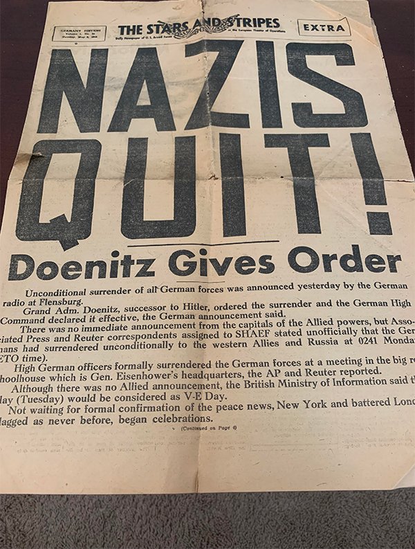 germany surrenders ww2 - See The Stars And Stripes Extra Nazis Duit! Doenitz Gives Order Unconditional surrender of all German forces was announced yesterday by the German radio at Flensburg. Grand Adm. Doenitz, successor to Hitler, ordered the surrender 