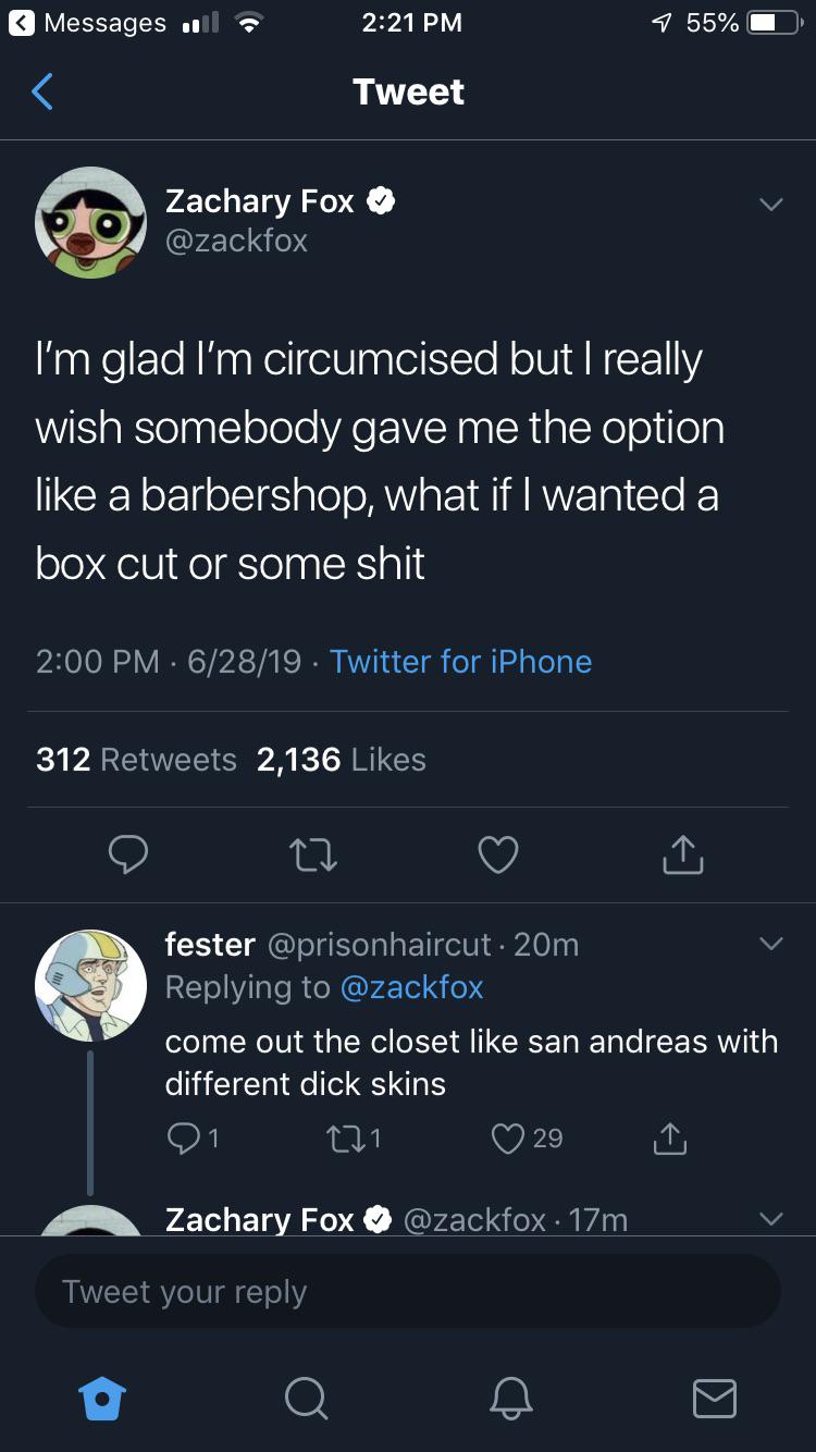 black twitter - Zachary Fox I'm glad I'm circumcised but I really wish somebody gave me the option a barbershop, what if I wanted a box cut or some shit