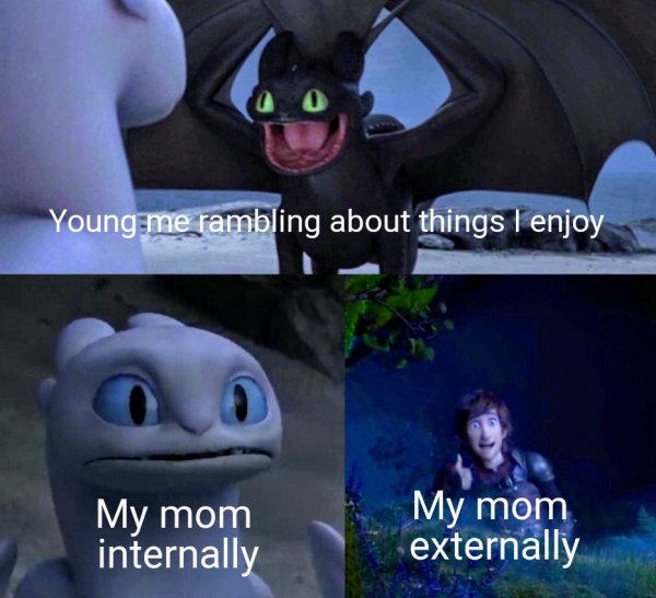 reddit how to train your dragon memes - Young me rambling about things I enjoy My mom internally My mom externally