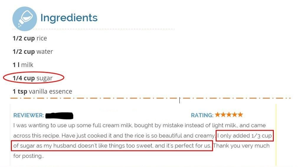 web page - Ingredients 12 cup rice 12 cup water 11 milk 14 cup sugar 1 tsp vanilla essence ........ ...... Reviewer Rating I was wanting to use up some full cream milk, bought by mistake instead of light milk and came across this recipe. Have just cooked 