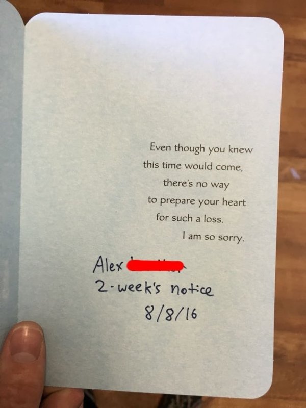 funny way to quit - Even though you knew this time would come, there's no way to prepare your heart for such a loss. I am so sorry. Alex 2 week's notice 8816