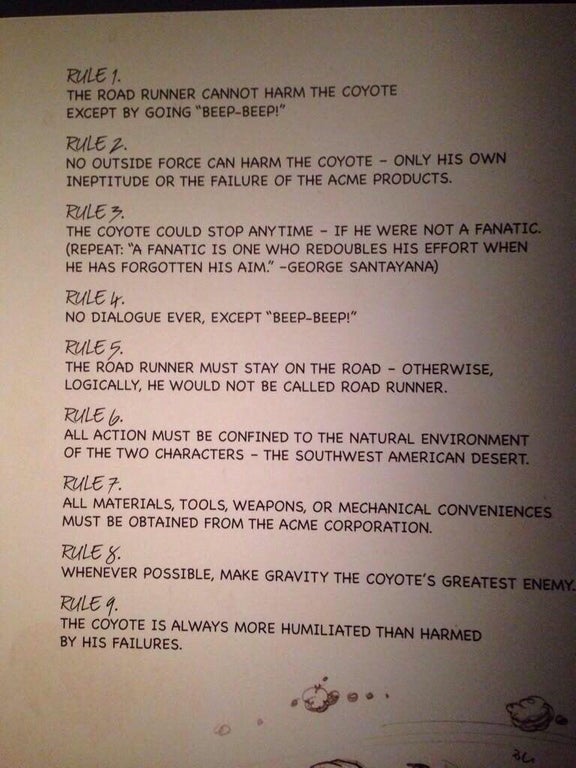 Cartoonist Chuck Jones’ rules for Wild E. Coyote and the Roadrunner.