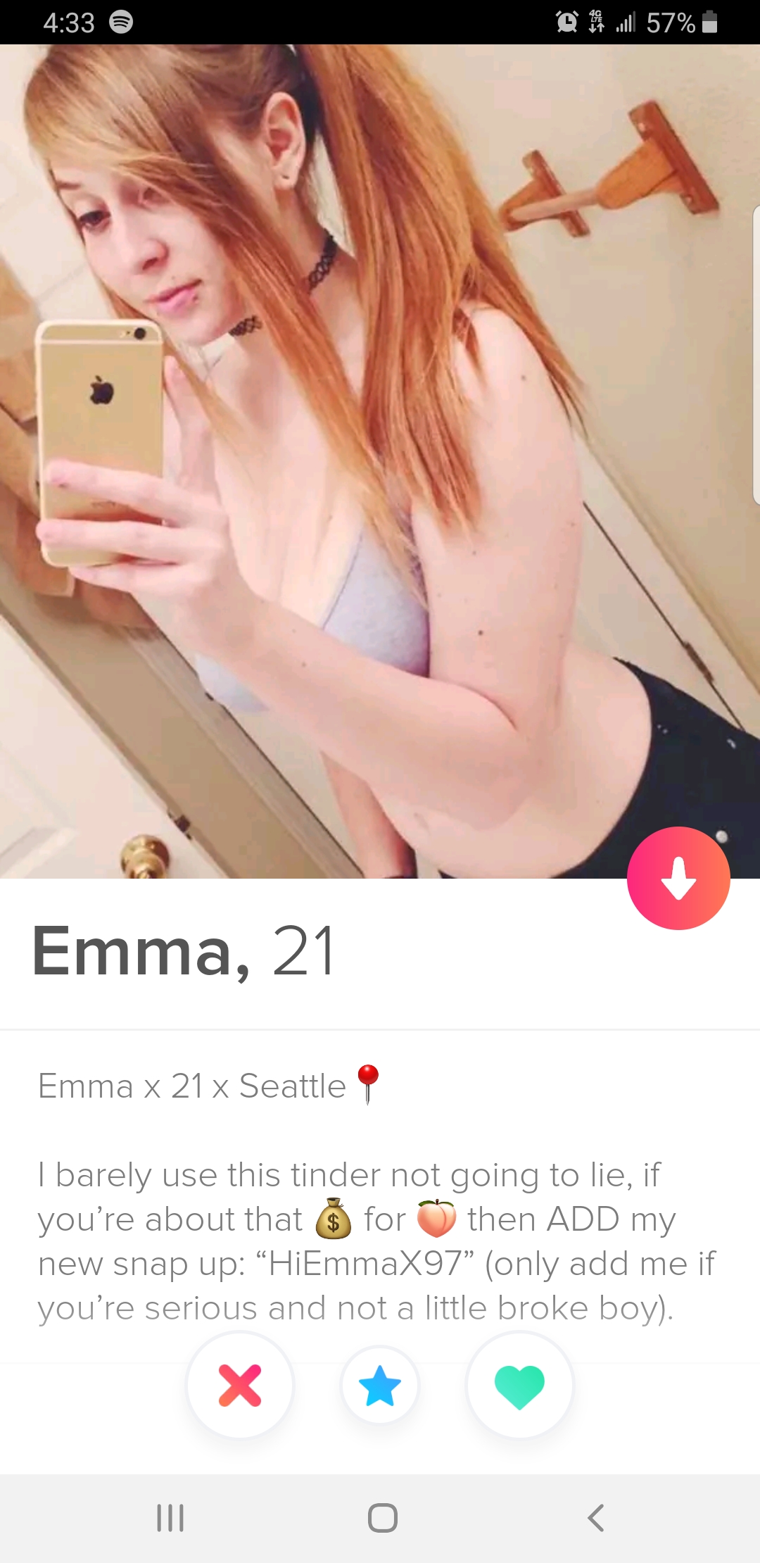 tinder wins and fails -Emma, 21 Emma x 21 x Seattle barely use this tinder not going to lie, if youre about that for then Add my new snap up