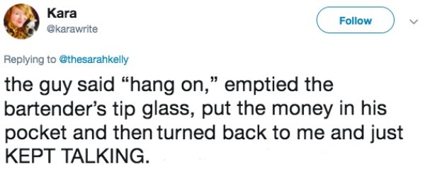 nipsey tweet about lauren - Kara the guy said hang on," emptied the bartender's tip glass, put the money in his pocket and then turned back to me and just Kept Talking.