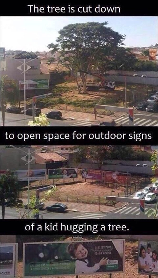 tree cut down meme - The tree is cut down to open space for outdoor signs of a kid hugging a tree.