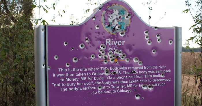 emmett till sign shot - River Sa This is the site where Tiil's body was removed from the river. It was then taken to Greenv S . Then e body was sent back to Money, Ms for buria! Via a phone call from Till's mother