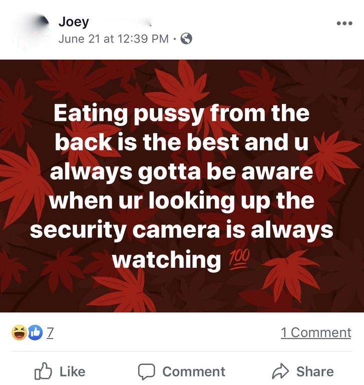 trashy people - Joey June 21 at Eating pussy from the back is the best and u always gotta be aware when ur looking up the security camera is always watching 100 Oz 1 Comment Comment