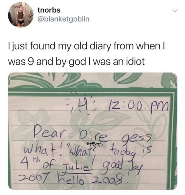 just found my old diary - tnorbs I just found my old diary from when | was 9 and by god I was an idiot V 4, .pm Dear bire gess what! "What today is 4th of Julie! good by 2007 hello 2008! willent