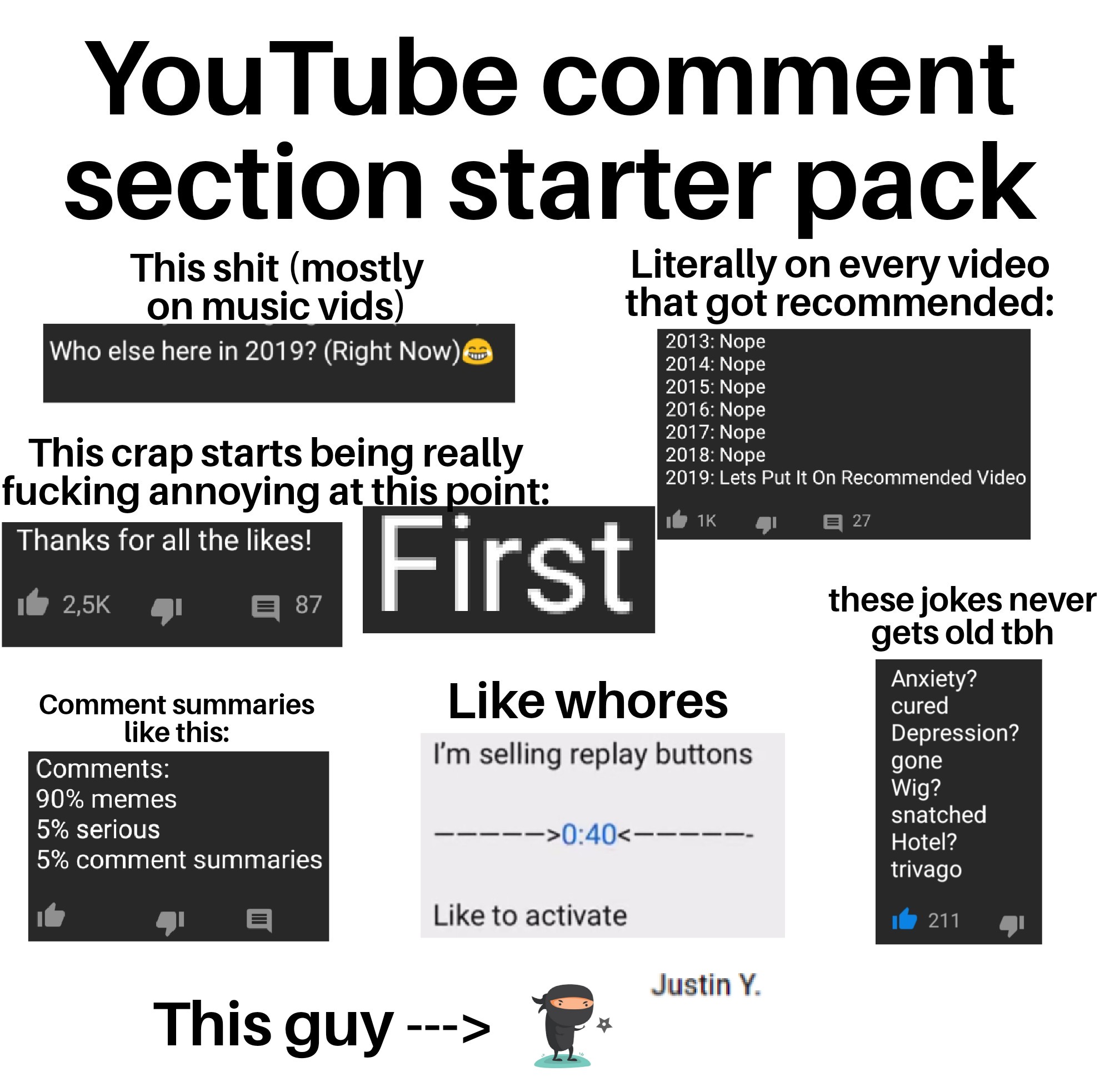 Starter Pack Meme - YouTube comment section starter pack This shit mostly on music vids Who else here in 2019? Right Now Literally on every video that got recommended 2013 Nope This crap starts being really fucking annoying at this point Thanks for all th