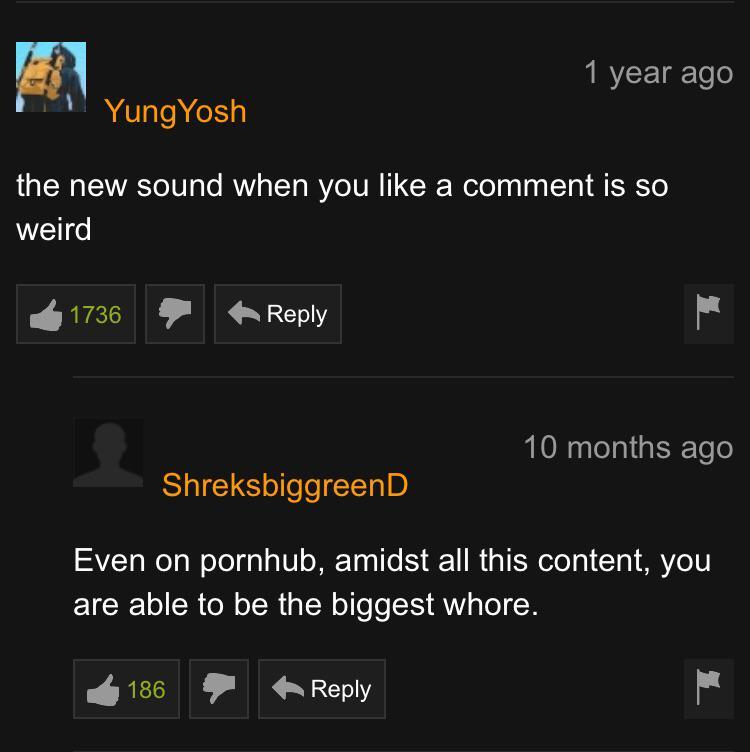 1 year ago Yung Yosh the new sound when you a comment is so weird Even on pornhub, amidst all this content, you are able to be the biggest whore.