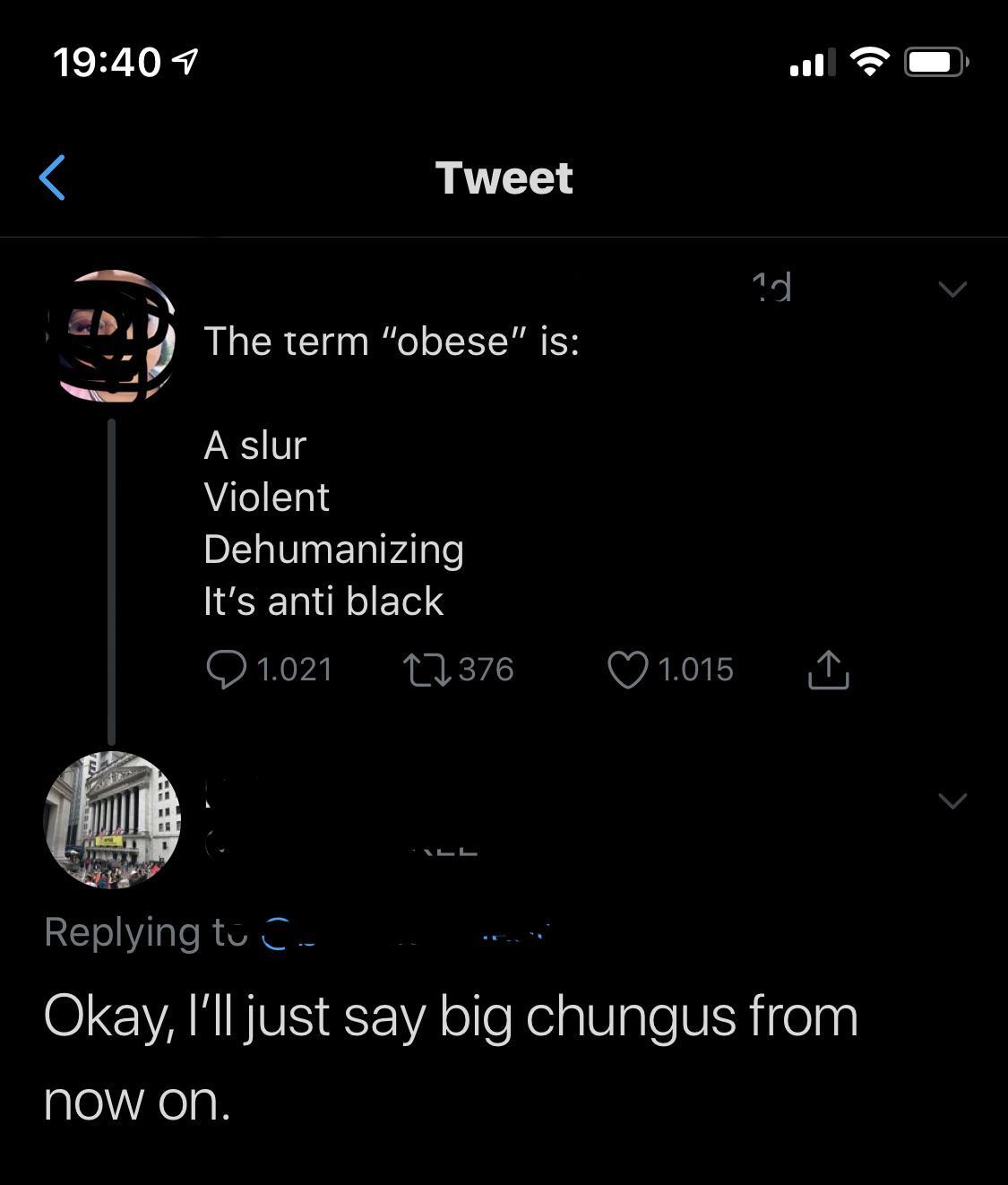 The term "obese" is A slur Violent Dehumanizing It's anti black Okay, I'll just say big chungus from now on.