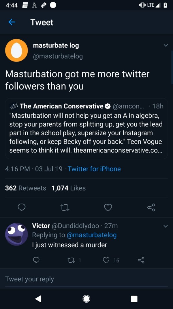 Masturbation got me more twitter followers than you The American Conservative ...  "Masturbation will not help you get an A in algebra, stop your parents from splitting up, get you the lead part in the school play,…
