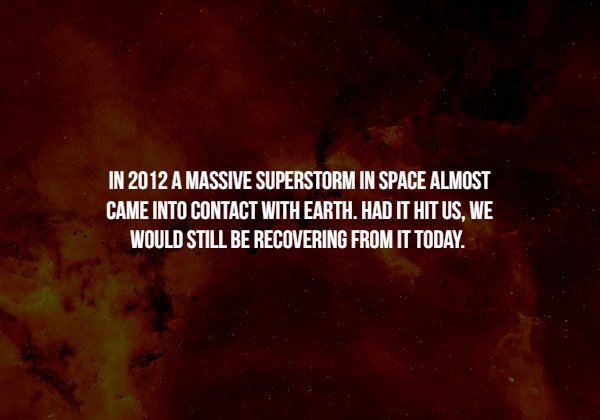 Space Facts - In 2012 A Massive Superstorm In Space Almost Came Into Contact With Earth. Had It Hit Us. We Would Still Be Recovering From It Today.