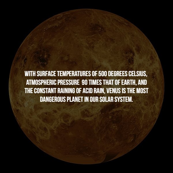 Space Facts - With Surface Temperatures Of 500 Degrees Celsius, Atmospheric Pressure 90 Times That Of Earth, And The Constant Raining Of Acid Rain, Venus Is The Most Dangerous Planet In Our Solar System.
