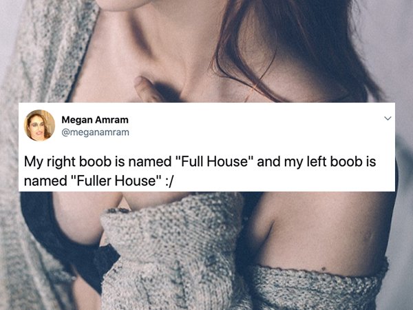Megan Amram My right boob is named "Full House" and my left boob is named "Fuller House"