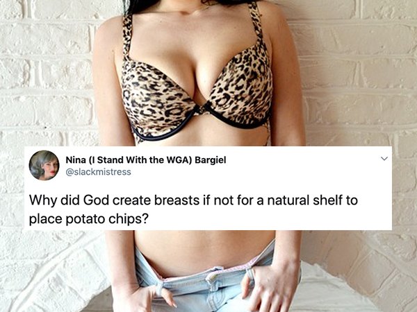 big boobs - Nina 1 Stand With the Wga Bargiel Why did God create breasts if not for a natural shelf to place potato chips?