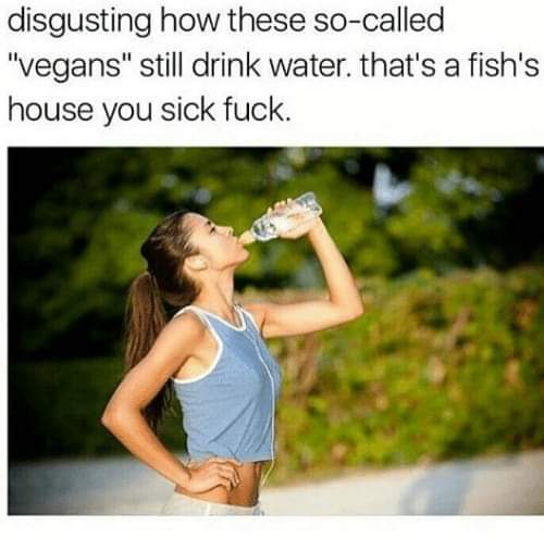 vegan memes - disgusting how these socalled "vegans" still drink water. that's a fish's house you sick fuck.