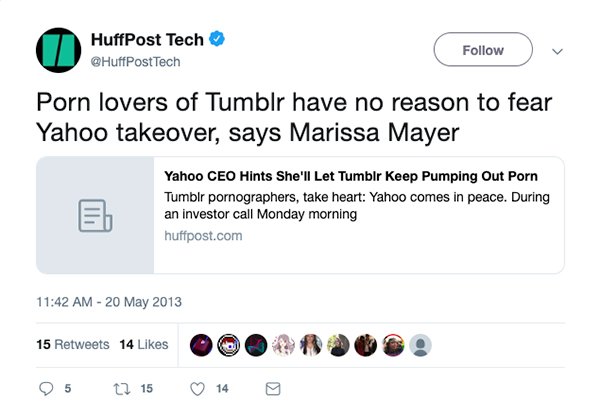 multimedia - HuffPost Tech Tech Porn lovers of Tumblr have no reason to fear Yahoo takeover, says Marissa Mayer Yahoo Ceo Hints She'll Let Tumblr Keep Pumping Out Porn Tumblr pornographers, take heart Yahoo comes in peace. During an investor call Monday m