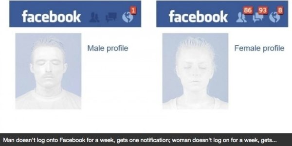 facebook - facebook facebook 2012 Male profile Female profile Man doesn't log onto Facebook for a week, gets one notification; woman doesn't log on for a week, gets...