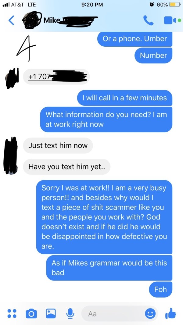 Scammer trolled - Or a phone umber. Number I will call you in a few minutes