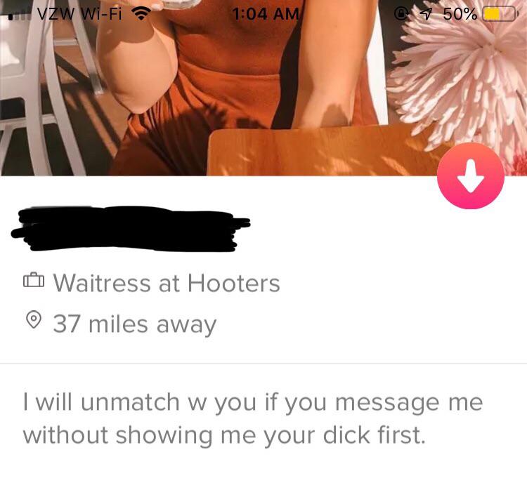 shameless tinder - I will un-match w you if you message me without showing me your dick first.