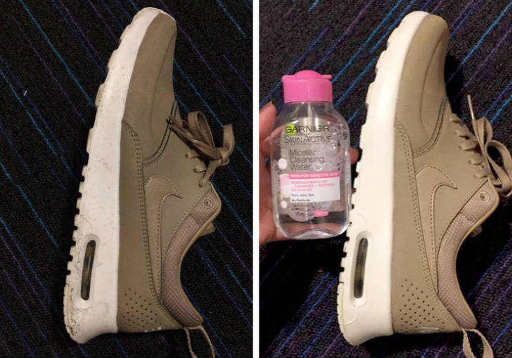 Micellar water removes dirt from sneakers.