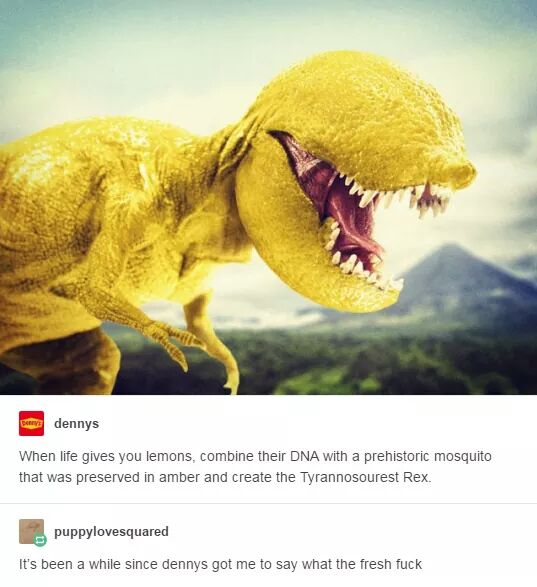 Sr dennys When life gives you lemons, combine their Dna with a prehistoric mosquito that was preserved in amber and create the Tyrannosourest Rex. puppylovesquared It's been a while since dennys got me to say what the fresh fuck