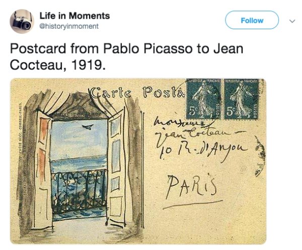 art postal picasso - Life in Moments Postcard from Pablo Picasso to Jean Cocteau, 1919. Garte Postl Cocteau horn To R. d'Anjou Paris