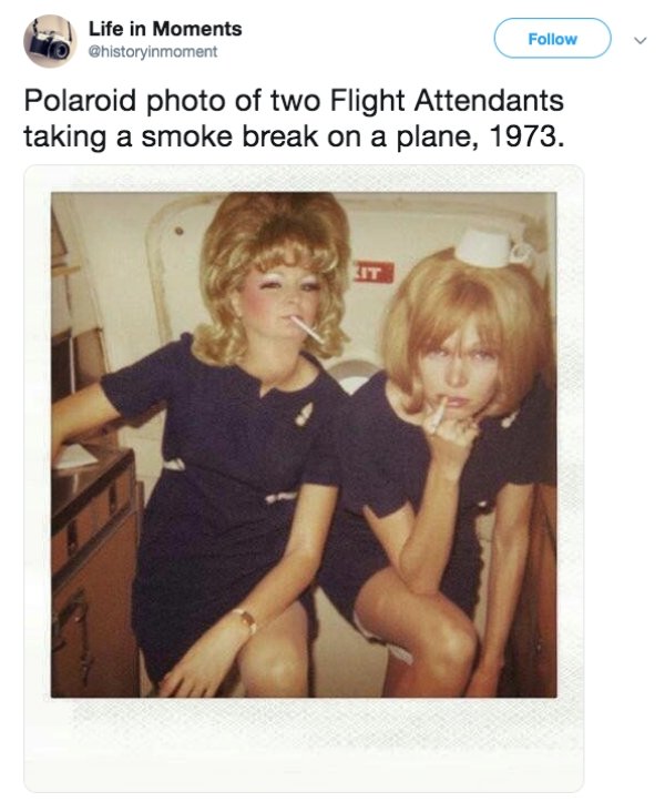 did people smoke on planes - Life in Moments Polaroid photo of two Flight Attendants taking a smoke break on a plane, 1973.