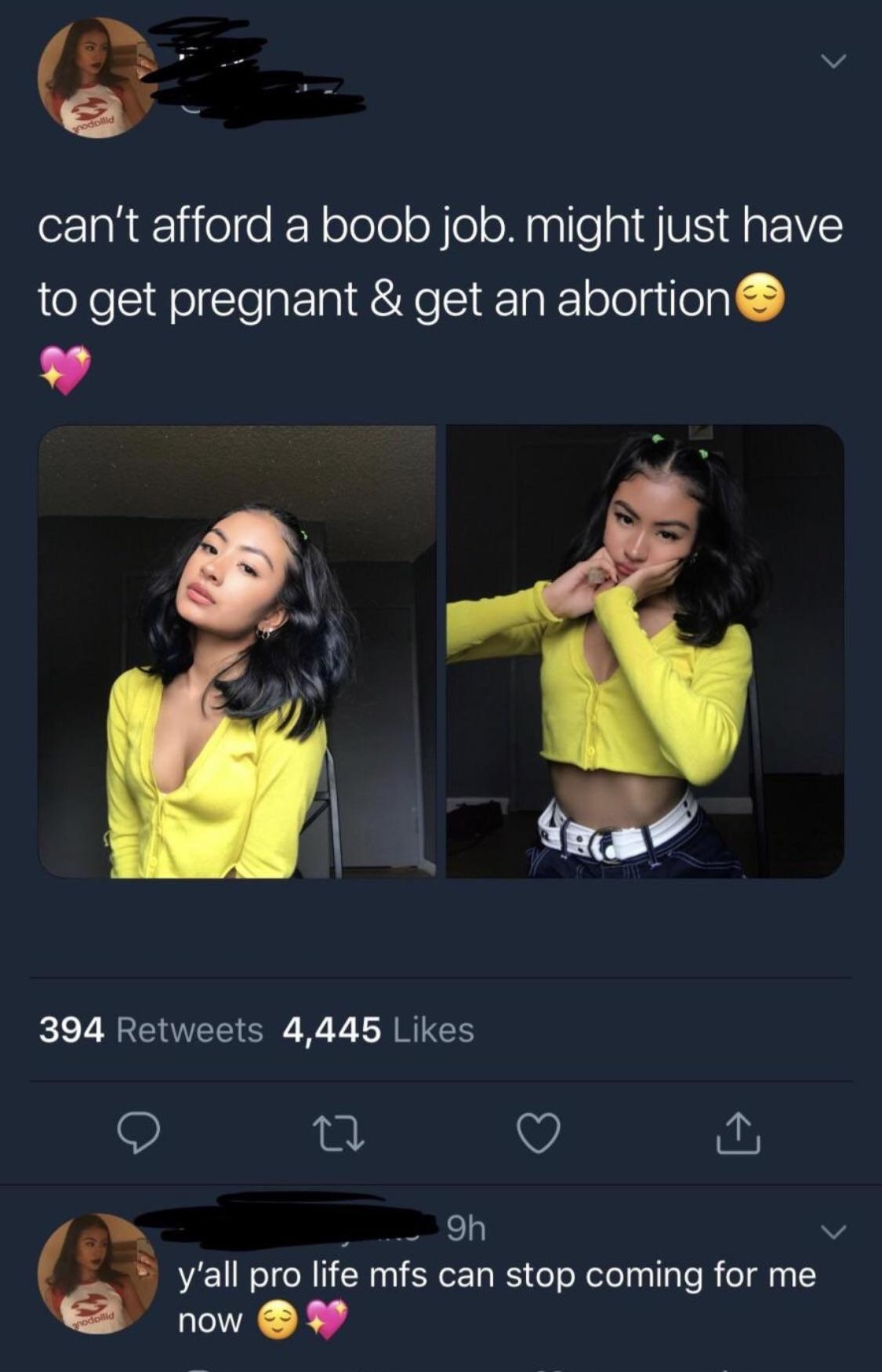 video - nodollid can't afford a boob job. might just have to get pregnant & get an abortion 394 4,445 9h y'all pro life mfs can stop coming for me now