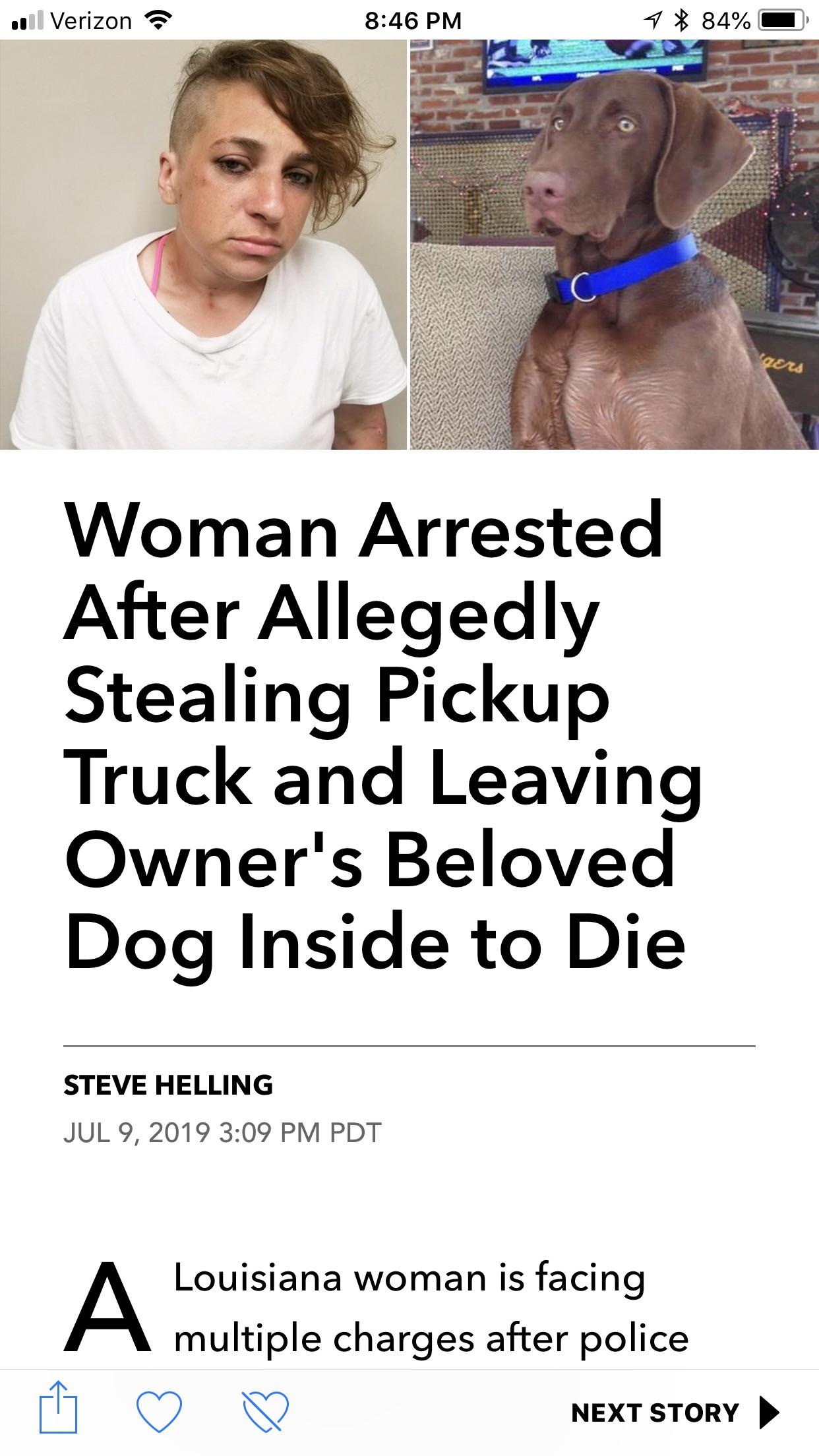 human - .nl Verizon 7 84% Dems Woman Arrested After Allegedly Stealing Pickup Truck and Leaving Owner's Beloved Dog Inside to Die Steve Helling Pdt Louisiana woman is facing multiple charges after police Next Story