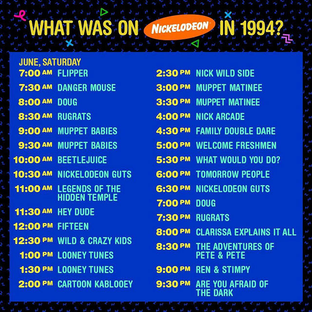 nostalgic 90s kids nostalgia - What Was On Nickelodeon In 1994? June, Saturday Flipper Danger Mouse Doug Rugrats Muppet Babies Muppet Babies Beetlejuice Nickelodeon Guts Legends Of The Hidden Temple Hey Dude Fifteen Wild & Crazy Kids Looney Tunes Looney T