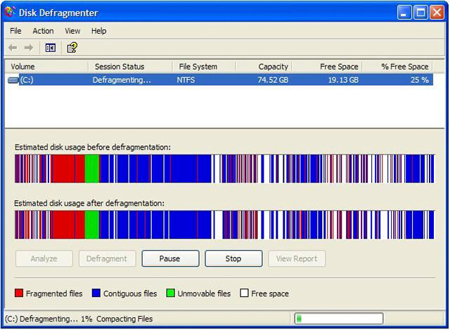 nostalgic windows xp defrag - Cox Disk Defragmenter File Action View Help Volume C Session Status Defragmenting... File System Ntfs Capacity 74.52 Gb Free Space 19.13 Gb % Free Space 25 % Estimated disk usage before defragmentation Estimated disk usage af