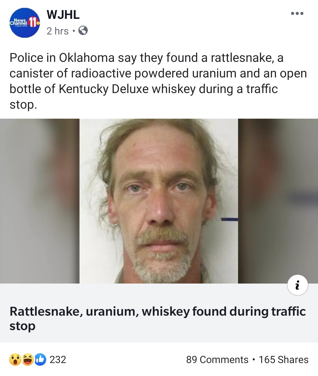 News Channel Wjhl 2 hrs Police in Oklahoma say they found a rattlesnake, a canister of radioactive powdered uranium and an open bottle of Kentucky Deluxe whiskey during a traffic stop. Rattlesnake, uranium, whiskey found during traffic