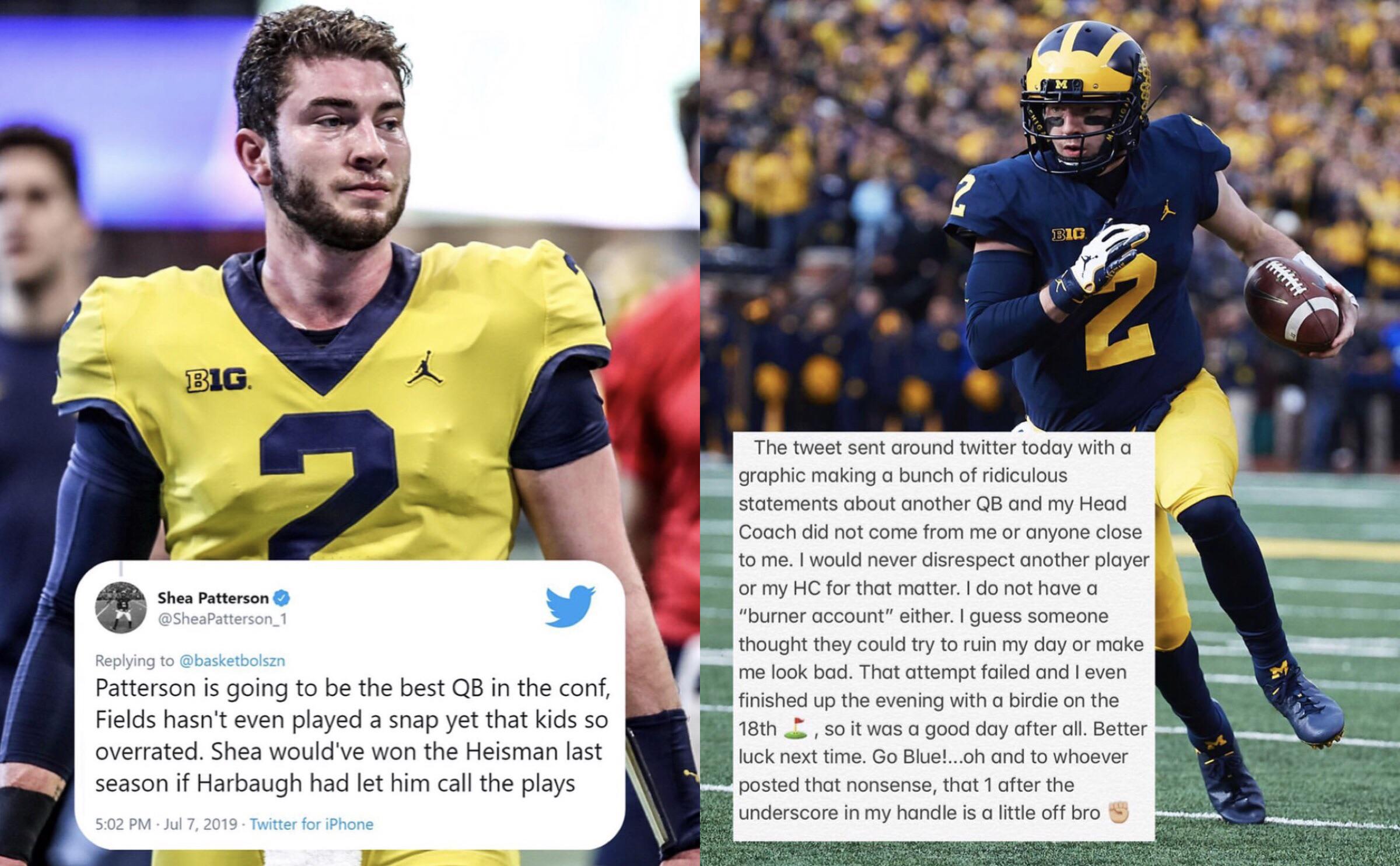 Shea Patterson The tweet sent around twitter today with a graphic making a bunch of ridiculous statements about another Qb and my Head Coach did not come from me or anyone close to me. I would never disrespect another player or my Hc f