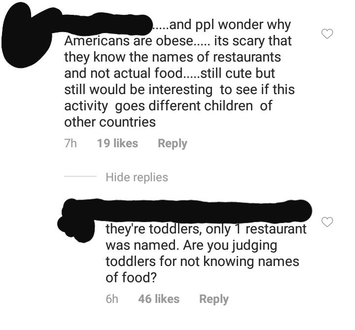 and ppl wonder why Americans are obese..... its scary that they know the names of restaurants and not actual food.....still cute but still would be interesting to see if this activity goes different children of other countries