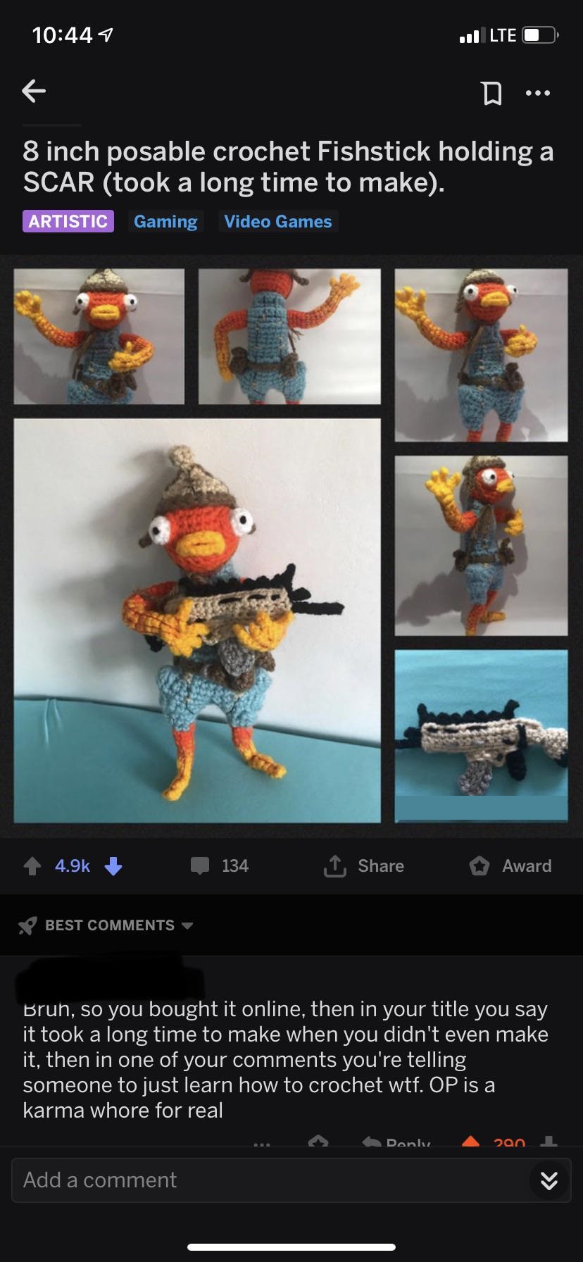8 inch posable crochet Fishstick holding a Scar took a long time to make. Artistic Gaming Video Games 134 | Award Best Brun, so you bought it online, then in your title you say it took a long time to make when you didn't even