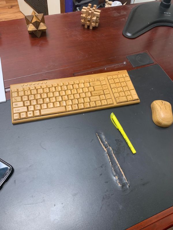 Wooden keyboard and mouse.