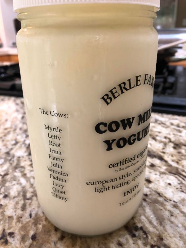 This local yogurt brand has the names of the cows whose milk is in the yogurt on the side of the jar.