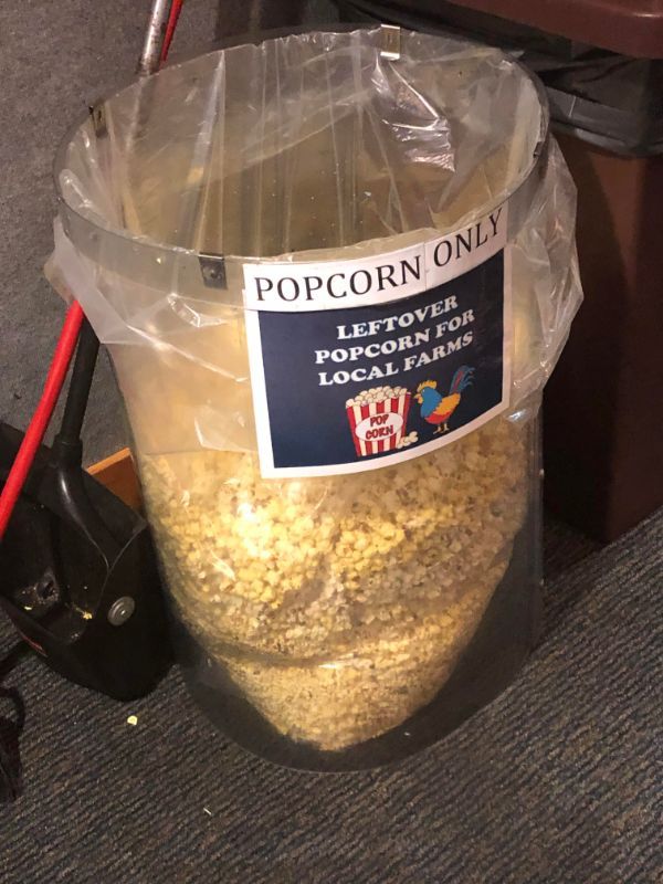 This movie theater collects popcorn for local farms.