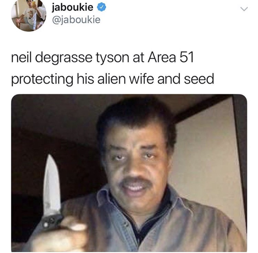 black science man - jaboukie neil degrasse tyson at Area 51 protecting his alien wife and seed
