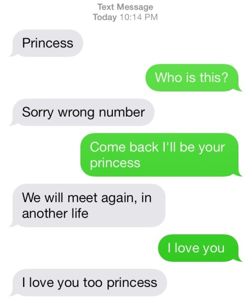love text message memes - Text Message Today Princess Who is this? Sorry wrong number Come back I'll be your princess We will meet again, in another life I love you I love you too princess