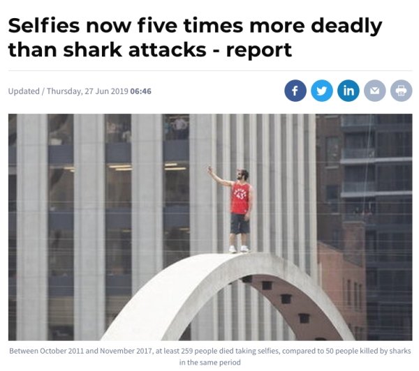 Selfie - Selfies now five times more deadly than shark attacks report Updated Thursday, Between and , at least 259 people died taking selfies, compared to 50 people killed by sharks in the same period