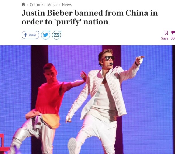 Justin Bieber - Culture Music News Justin Bieber banned from China in order to 'purify' nation f 3 G Save 33