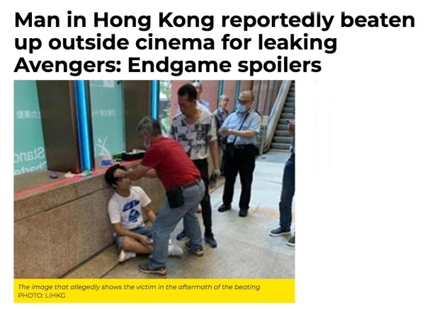 man beaten up outside theater after spoiling avengers endgame - Man in Hong Kong reportedly beaten up outside cinema for leaking Avengers Endgame spoilers brisa The image that allegedly shows the victim in the aftermath of the beating Photo Lihkg