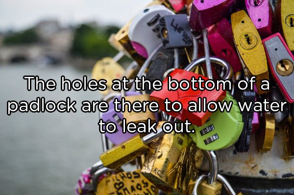 The holes at the bottom of a padlock are there to allow water to leak out.