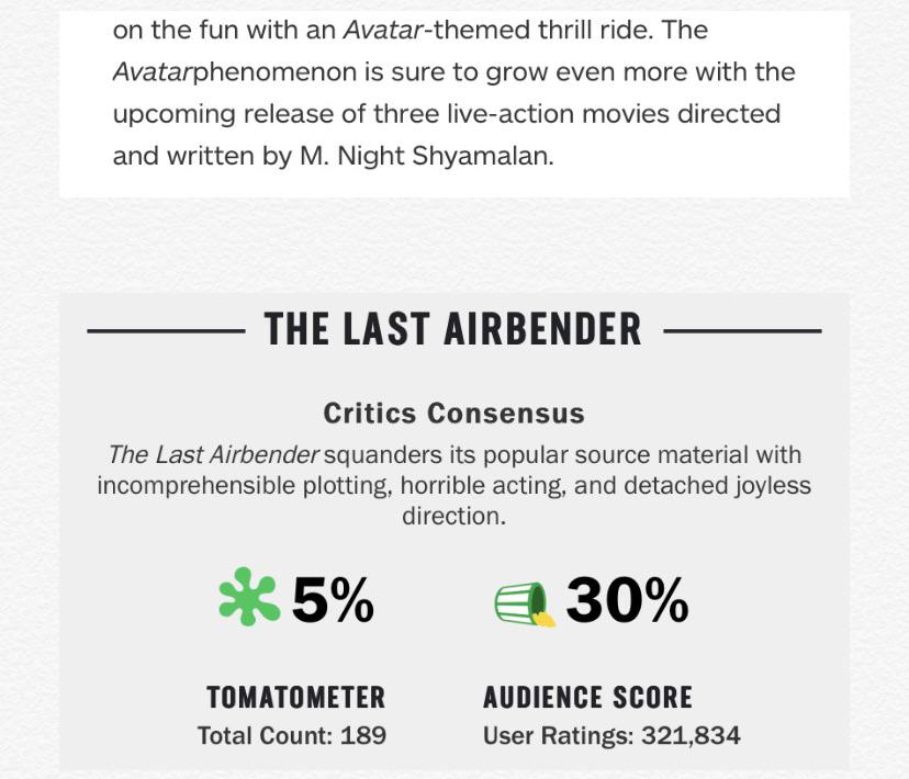 document - on the fun with an Avatarthemed thrill ride. The Avatarphenomenon is sure to grow even more with the upcoming release of three liveaction movies directed and written by M. Night Shyamalan. The Last Arbender Critics Consensus The Last Airbender 