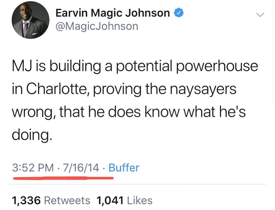 Earvin Magic Johnson Johnson Mj is building a potential powerhouse in Charlotte, proving the naysayers wrong, that he does know what he's doing. 71614 Buffer 1,336 1,041