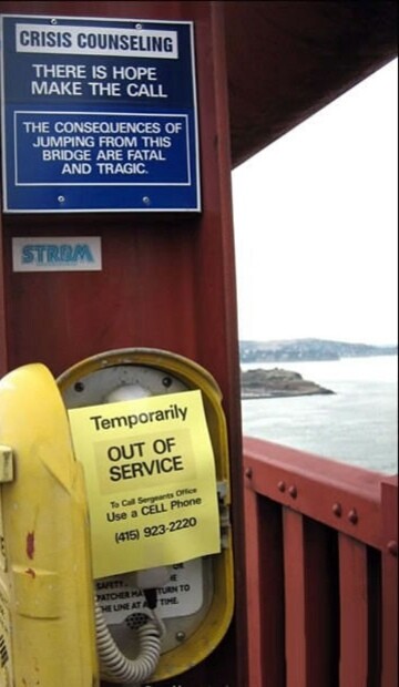 golden gate bridge - Crisis Counseling There Is Hope Make The Call The Consequences Of Jumping From This Bridge Are Fatal And Tragic. Strom Temporarily Out Of Service Onice To Set Use a Cell Phone 415 9232220 Tuon To